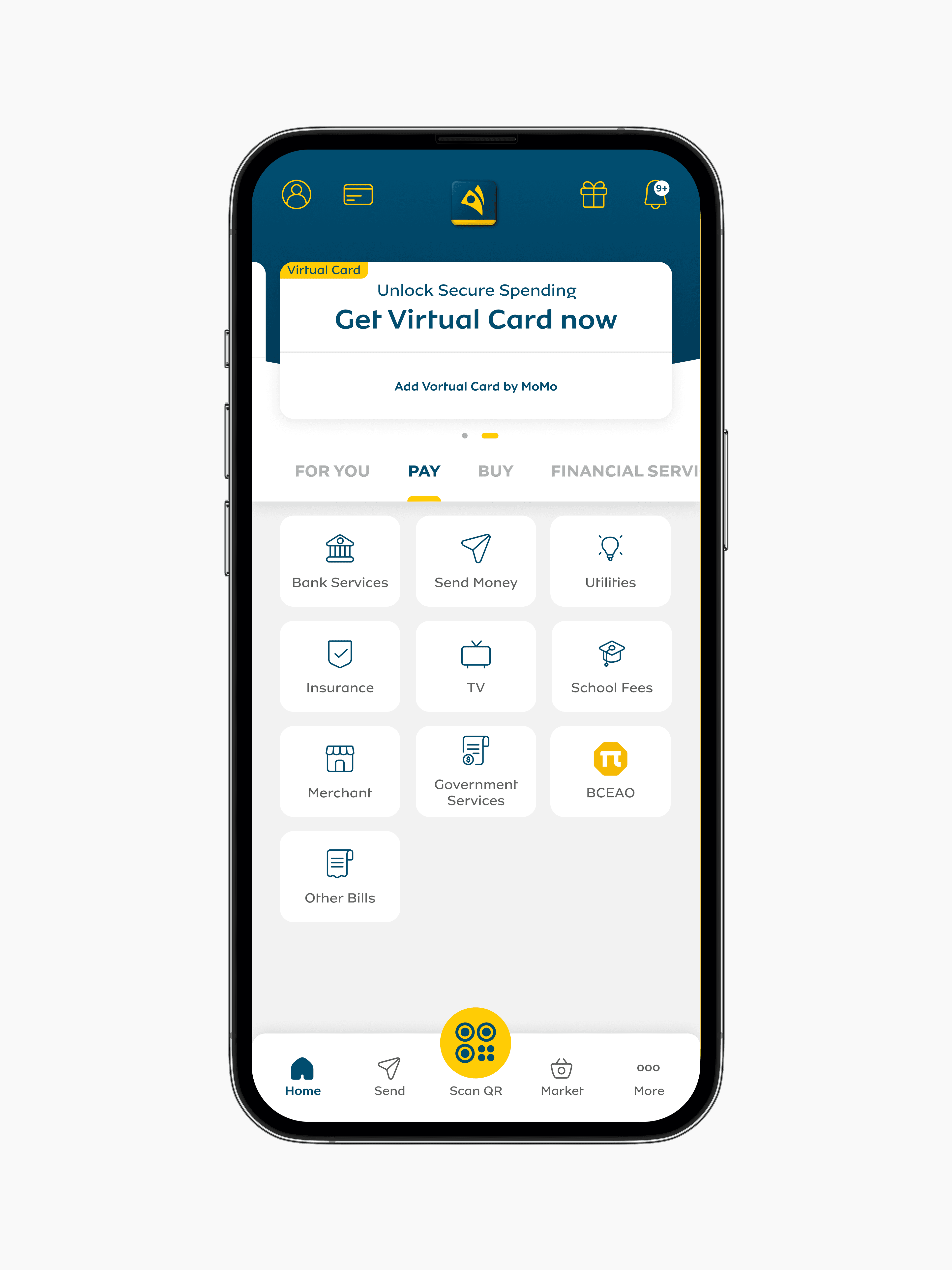 MoMo home screen with Virtual Card banner entry point
