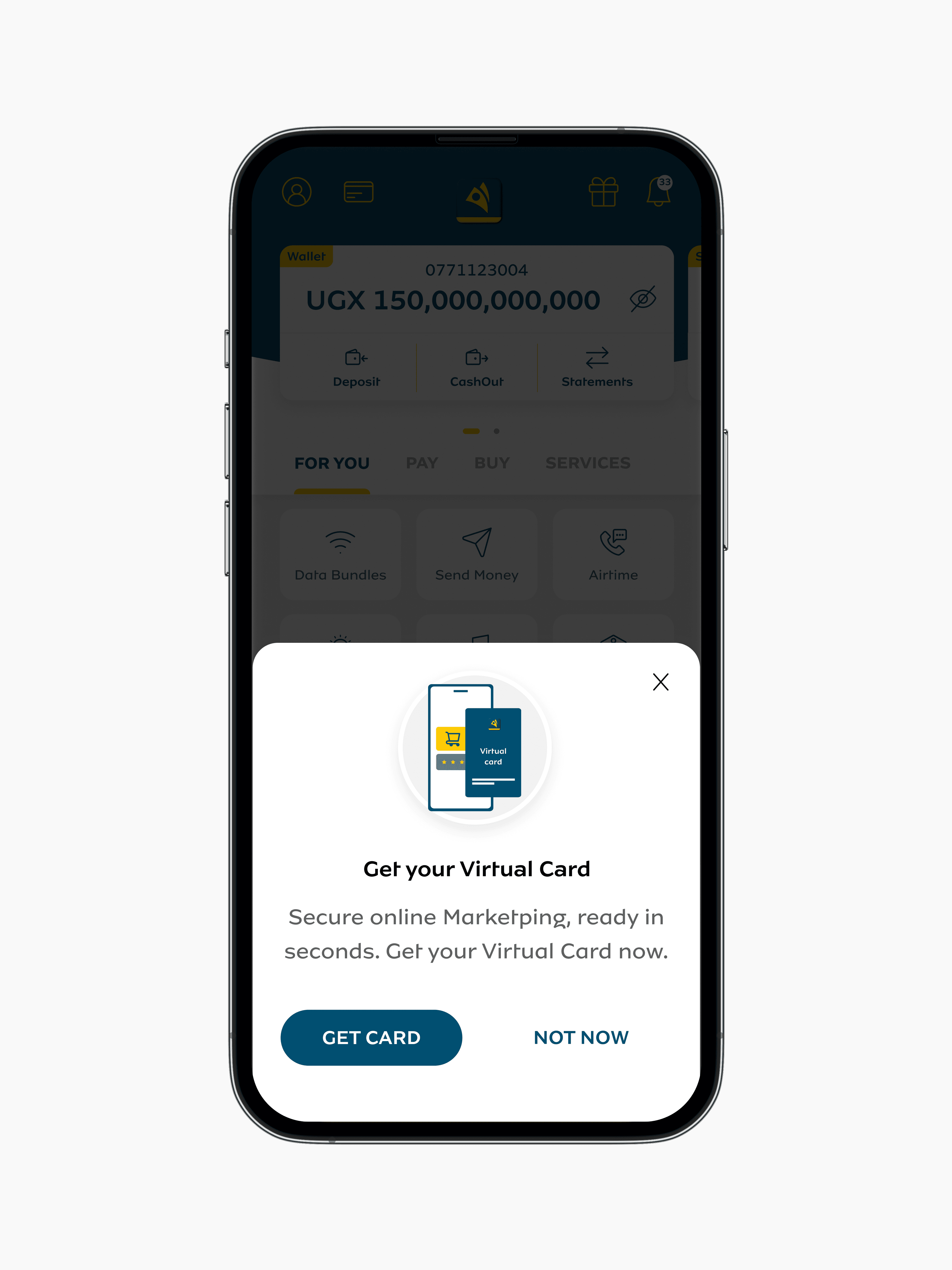 Get Virtual Card modal — the activation nudge