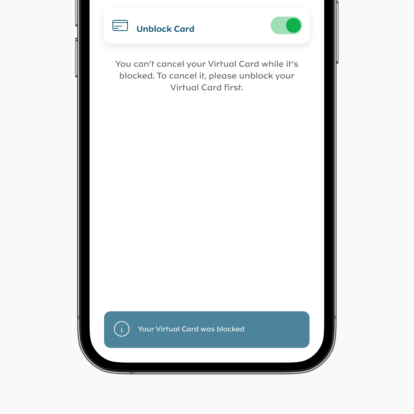 Unblock card state — trust and security detail with blocked card toast